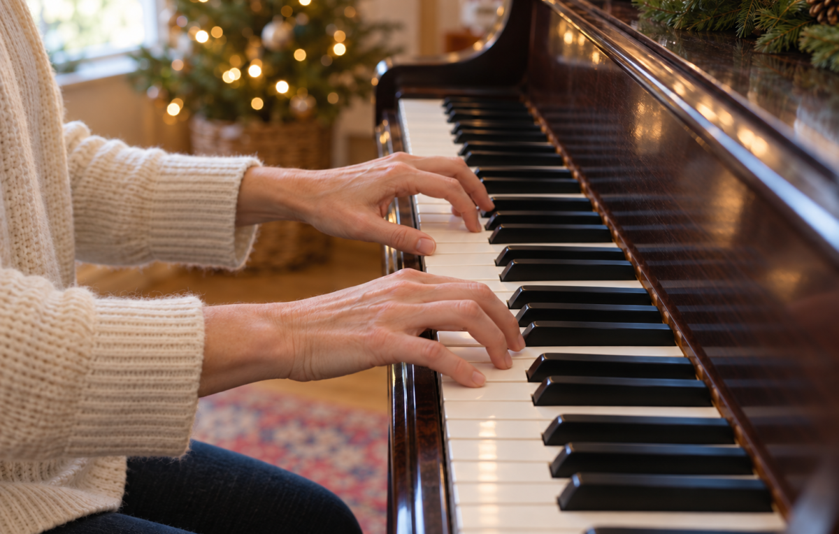 lovely Christmas scene with woman's hands, sitting at the piano